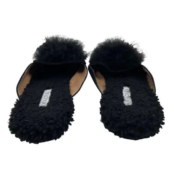 Aquazzura Foxy Mules Pom Pom Suede Shearling Black Size 40